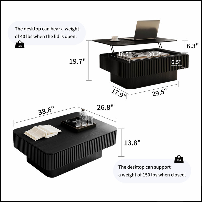 Table basse relevable cannelée de 98 cm (38,6 po) avec rangement et hauteur réglable, idéale pour les espaces de vie modernes et offrant une fonctionnalité accrue.