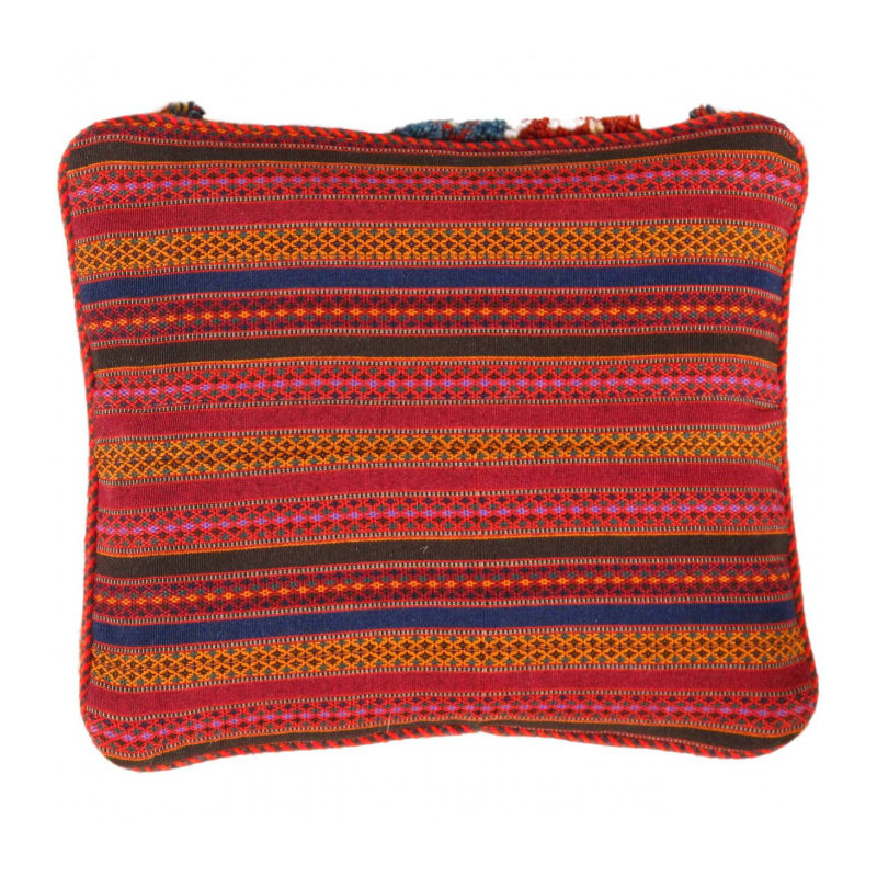 Coussin Gabbeh fin noué à la main 14 po x 16 po, Vert / rouge / ivoire