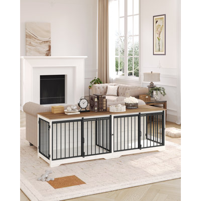 Millis 78“ Dog Cage Furniture for 2 Dogs, Extra Large Breed Double Dog Crate Furniture, XXL Thick Wooden TV Stand, Dog Kennel Furniture with Divider, End Side Table, Anti-Chew