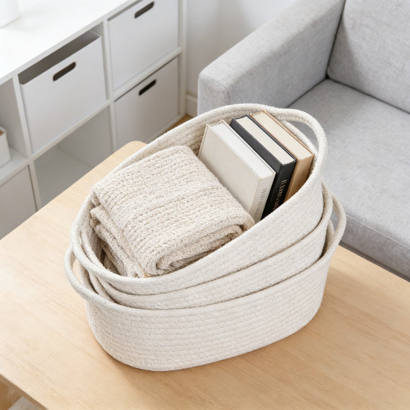 Ensemble de panier de rangement en corde de coton avec poignées, 5 paniers de rangement décoratifs pour la salle de bain, le placard, la tablette et l'organisation à la maison