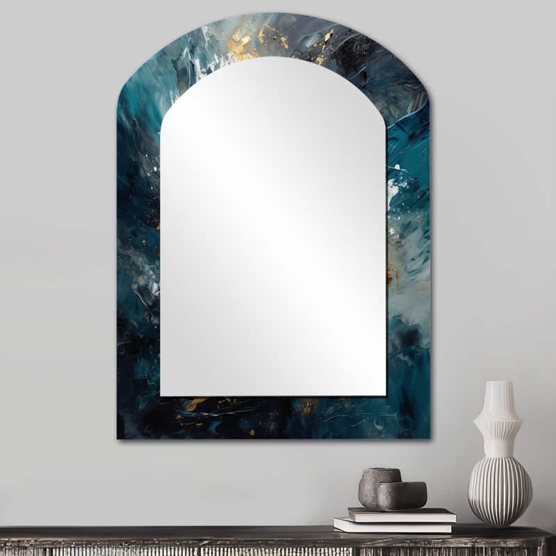 Blue Gold Transcendent Liquid Ink II - Marble Asymmetrical Large Mirror, Modern Arch Decorative Wall Mirror, Printed Metal Art