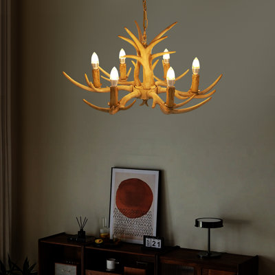 Lustre en bois de cerf à 6 lumières, suspension de style cerf vintage avec douille E12 pour salon, salle à manger ou couloir.