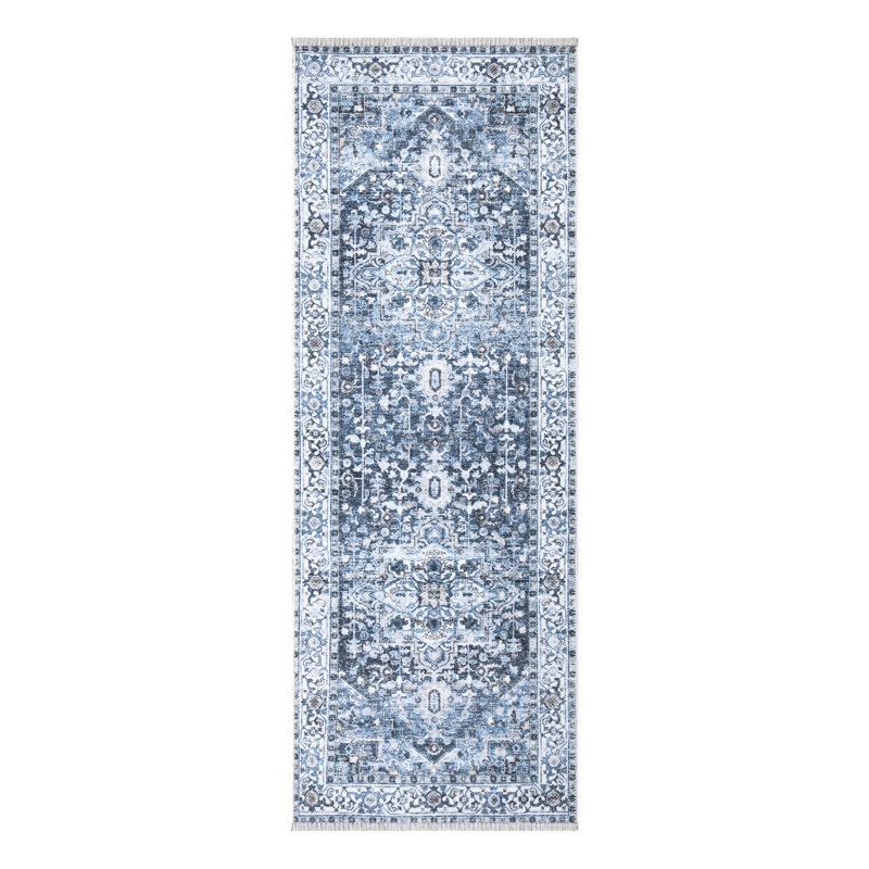 Washable Non-Slip Rug - Navy Blue Traditional Oriental Runner for Entryway, Hallway, Bathroom, and Kitchen, Runner 2'6" x 7'