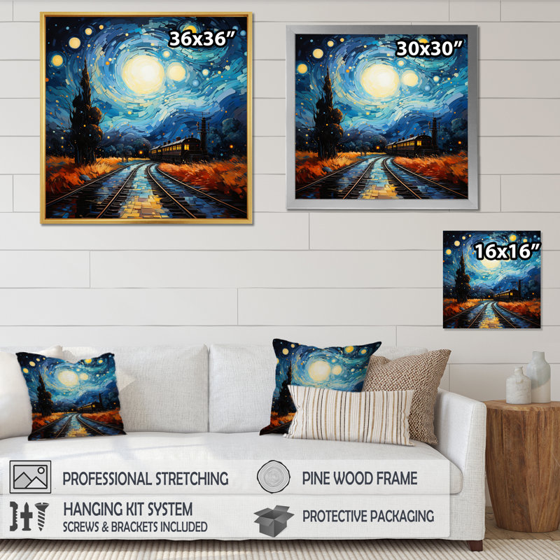 Blue Train Rails By Vincent I - Transportation Wall Art Living Room, H 16 po x l 16 po x P 1 po, Cadre photo noir
