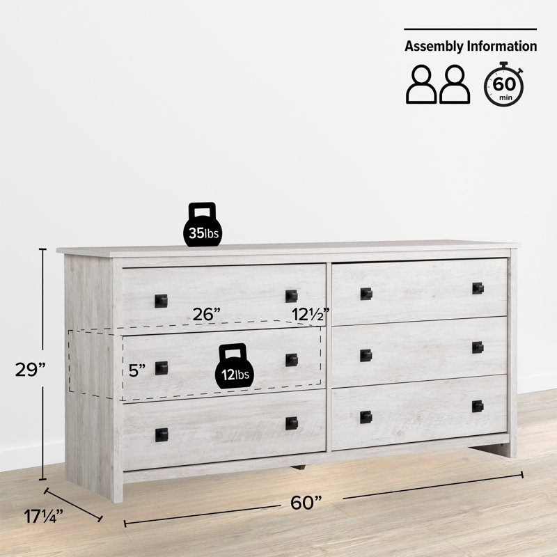 Washed White Farmhouse 6-Drawer Pine MDF Dresser