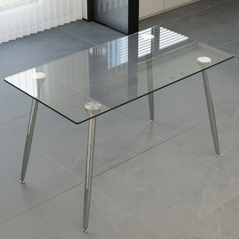 Table de salle à manger en verre simple et à la mode avec pieds en métal argenté, cuisine polyvalente spacieuse pour la lecture, surface de lecture lisse et confortable