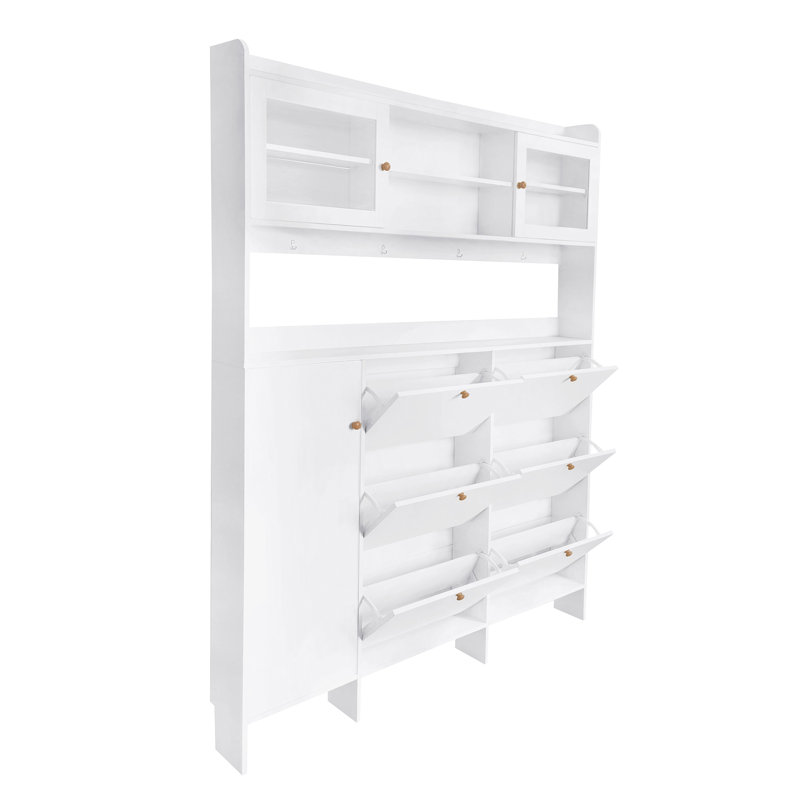 Multifunctional Tipping Bucket Shoe Cabinet With Storage Shelf & 6 Flip Drawers, Large Hall Tree With Tempered Glass Doors, Foyer Cabinet With 4 Hooks For Hallway