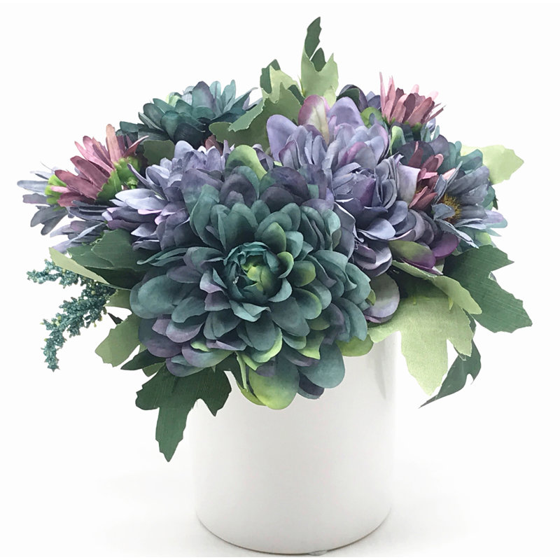 Blue and Purple Silk Flower Arrangement in White Ceramic Vase