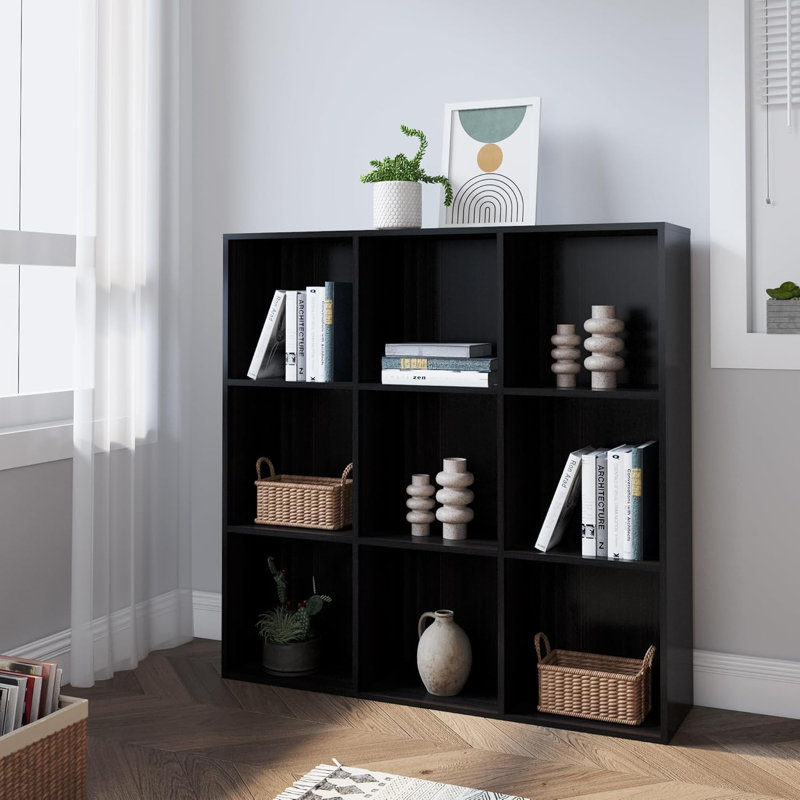 Ebern Designs Bookcase, 9 Cube Open Storage Organizer Display Bookshelf, Obsidian Wood, 35.1"H x 35.1" W x 11.8"D