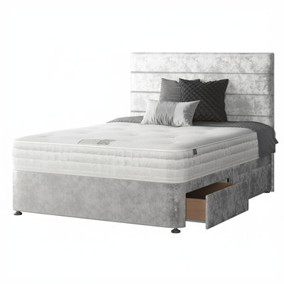 Kiara Stripped Floor Standing Headboard With Divan Base 4 Drawers Crush Velvet Cream With And Metal Feet (Double)