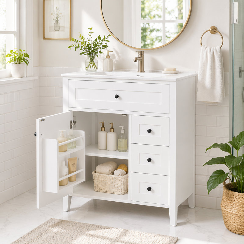 Meuble-lavabo de 30 po avec lavabo et grand rangement, Porte gauche blanche, 30