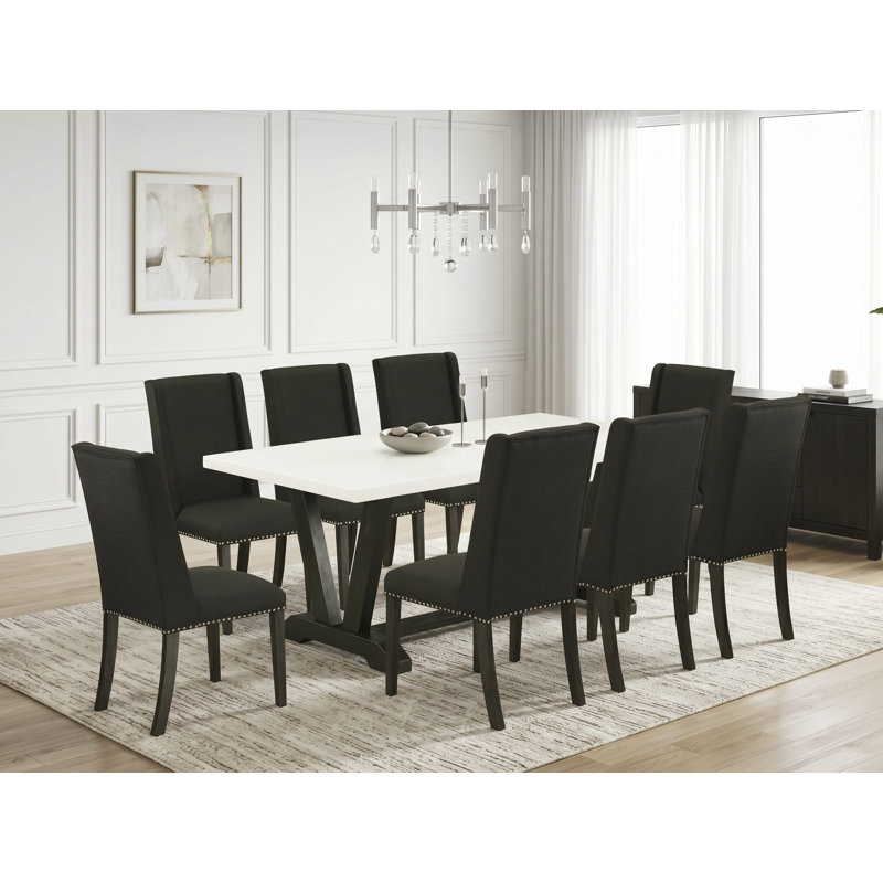 9-Piece Set a Wonderful Linen White Table top and 8 Black Parson’s dining room chairs with Nail Heads and Curved Back, Wire Brushed Black Finish