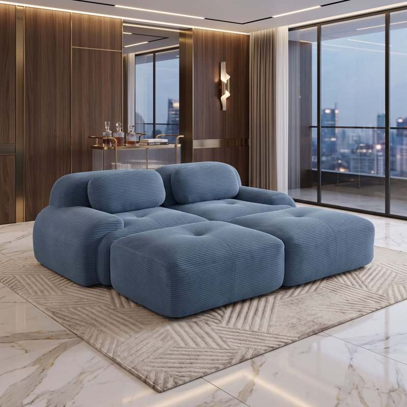 Canapé modulaire en velours côtelé avec accoudoirs incurvés et support ergonomique, Bleu
