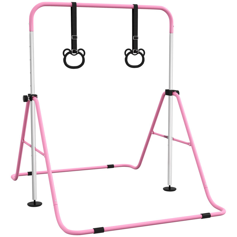 HOMCOM Kids Gymnastics Bar Adjustable Height Folding with Hand Grips Pink