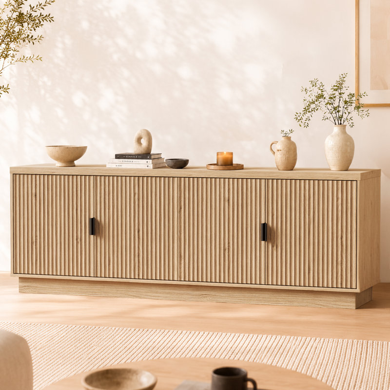 68"W Fluted TV Stand for TVs up to 75" with 4 Doors, Adjustable & Removable Shelves and Cable Management, Natural