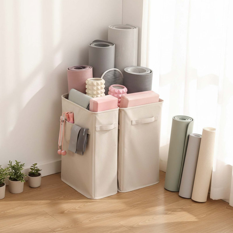Corner Home Gym Storage Rack Exercise Equipment Organizer Water-Resistant Polyester Yoga Mat Storage Oatmeal Beige