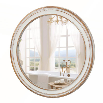 31.5 Inches Round Wooden Farmhouse Mirror for Bathroom, Bedroom, and Entryway with Distressed Whitewash Edge