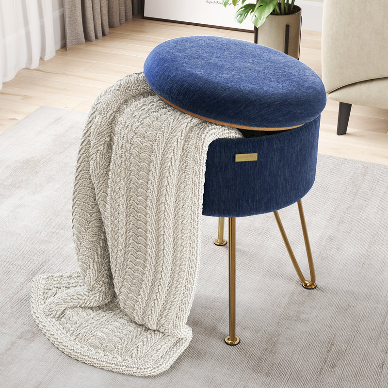 Round Textured Velvet Ottoman with Storage, Blue, Gold