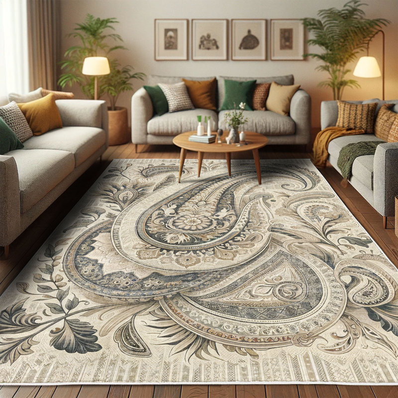 Paisley Ivory and Sepia Synthetic Easy Care Area Rug 2'5" x 5'