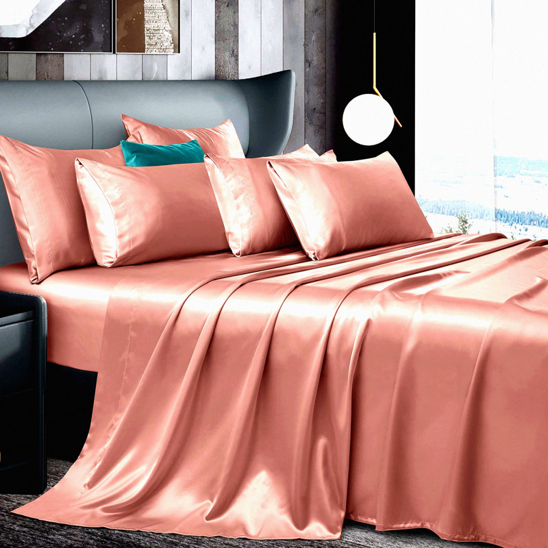 Rose Gold Luxe Silky Queen Bedding Set - 7 Piece Set with Soft Fitted Sheet, Flat Sheet, Pillowcases, and Body Pillowcase - Luxurious and Elegant Sleep Experience