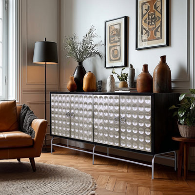 Analily 67" Mango Wood 4-Door Cabinet with Silver Cladded Pattern Door Facades & Grey Metal Base