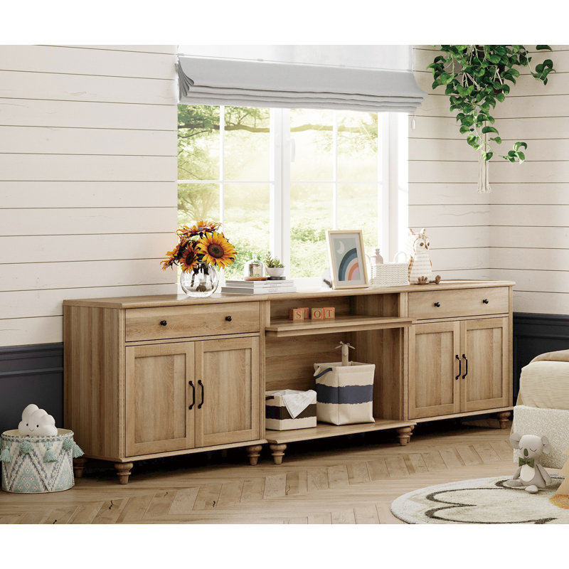 Farmhouse TV Stand For Tvs Up To 100'', Home Entertainment Center With 8 Storages For 75/80/85/90 Inch TV, Oak
