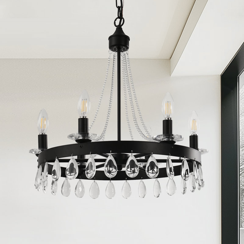 Lustre traditionnel en roue de chariot à 6 lumières - Finition noire avec accents de cristal