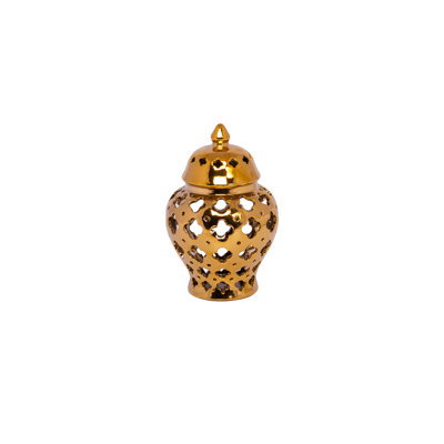 Ceramic Urn Vase with Cutout Quatrefoil Design Body and Tapered Bottom SM Polished Chrome Finish Gold..6.00"x6.00"x9.50"H