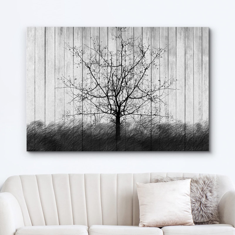 Arbre à panneaux noir et blanc à motif de silhouette de bois de style neutre rustique et relaxant, Toile tendue