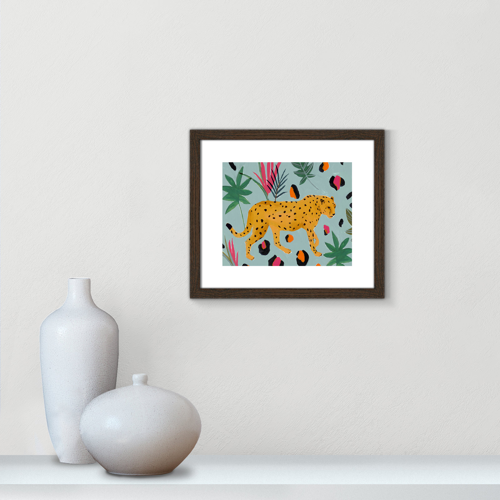 Walking Cheetah II by Isabelle Z - Painting Print, Walnut Wood Framed Paper, 13" H x 15" W x 0.75" D