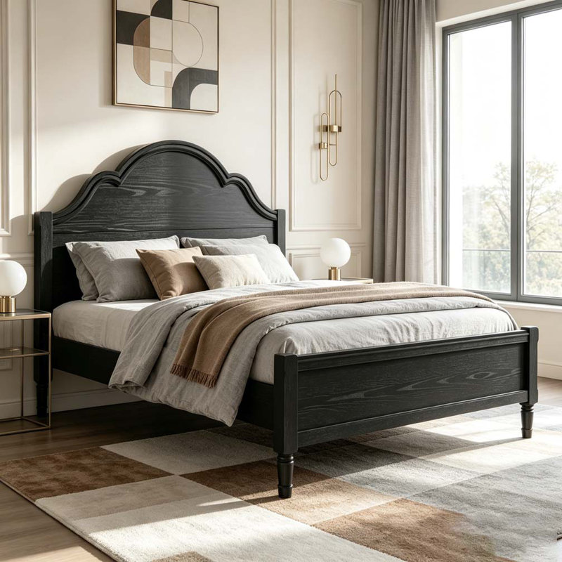 Lit plateforme en bois avec tête de lit arquée, Noir, Grand lit