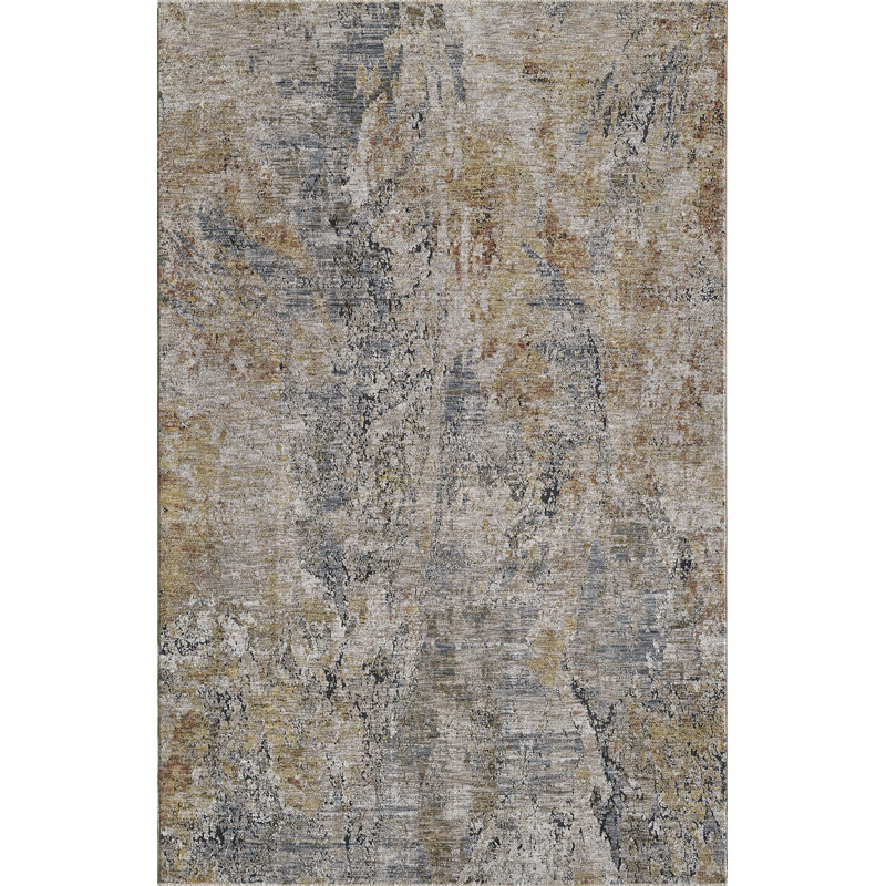 Tapis bleu / brun en polyester abstrait tissé à la machine, Rectangle 5 pi x 7 pi 10 po