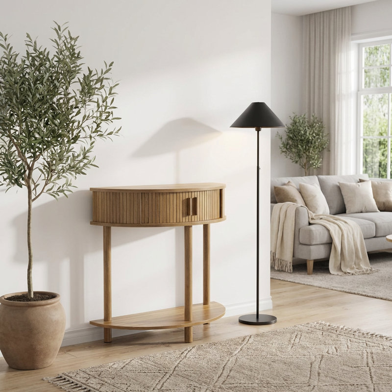 Half-Moon Console Table with Grooved Detail and Dual Storage Shelves, Modern Sofa Table