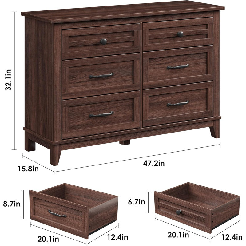 Commode 6 tiroirs pour chambre à coucher, commode large avec rangement autoportant, Brun