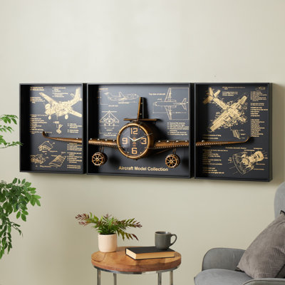 Cole And Grey Metal Airplane Decorative Copper Wall Clock With Black Frame And Gold Illustrations Set