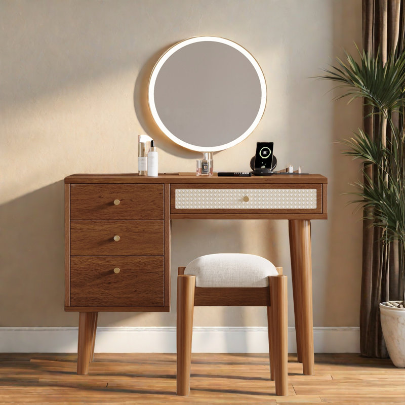 Cavedo Set Bohemian Style Makeup Set With 4 Drawers, Charging Plug, Usb Port And Stool, Walnut
