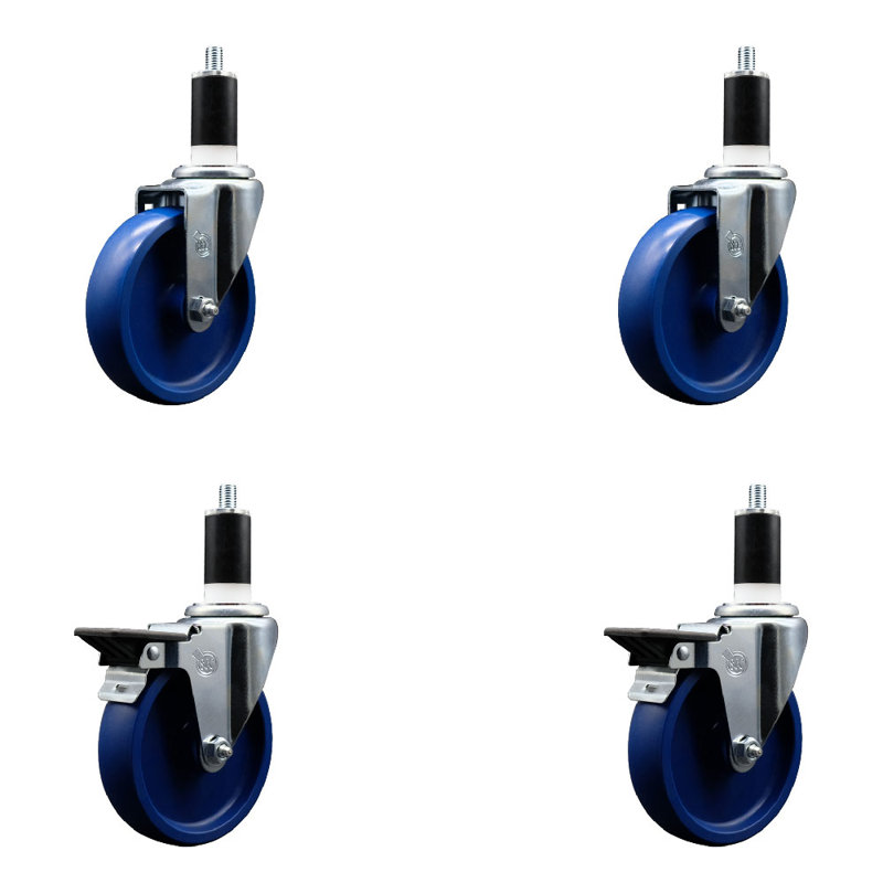 Solid Poly Wheel Swivel 1-3/8 Inch Expanding Stem Caster Set 2 Brakes SCC
