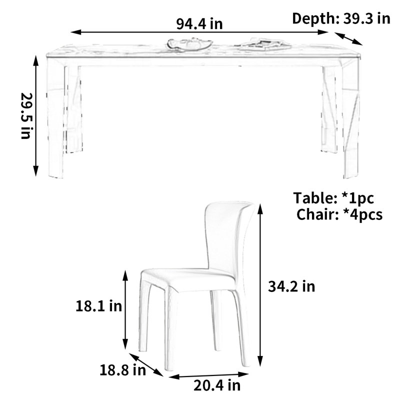 Petit appartement avec table et chaises simples, H 29,5 po x L 94,4 po x l 39,3 po
