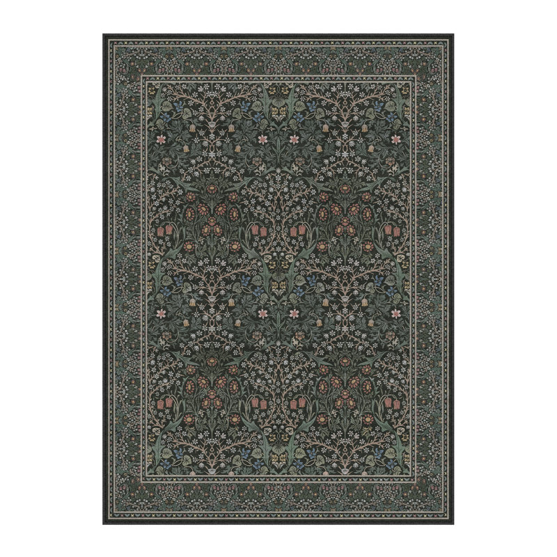 Alora Machine Washable Floral Area Rug With Non-Slip Backing, Rectangle 9' x 12', Dark Green, 0.28"