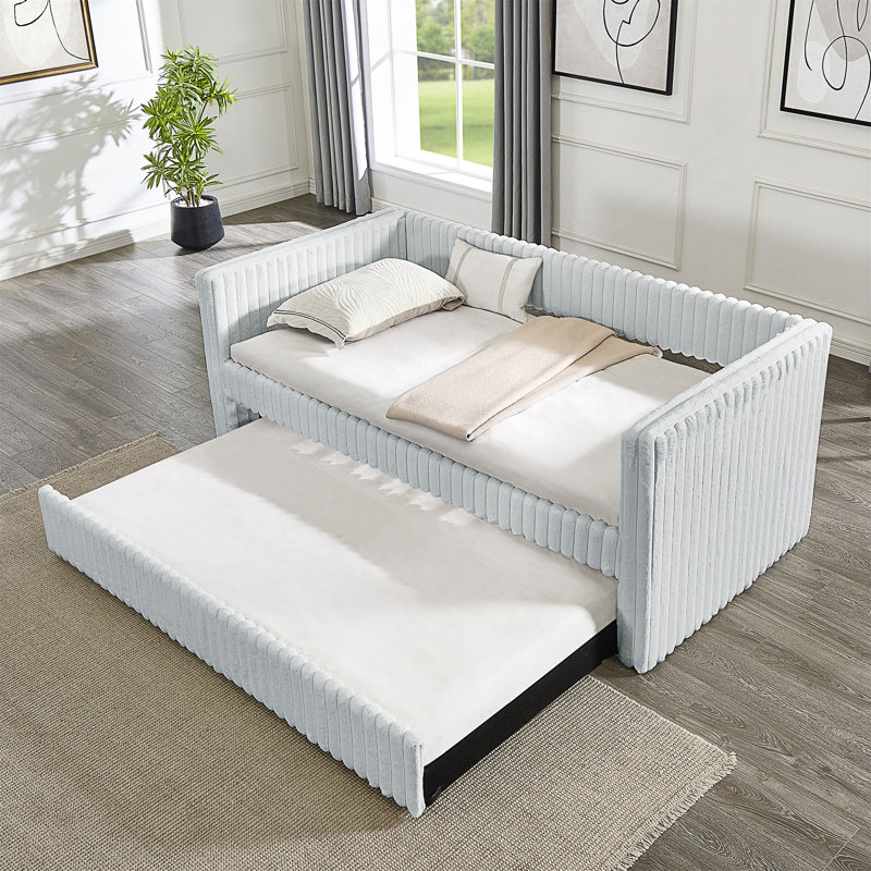 Lit de jour rembourré en velours côtelé avec couchette, Gris clair