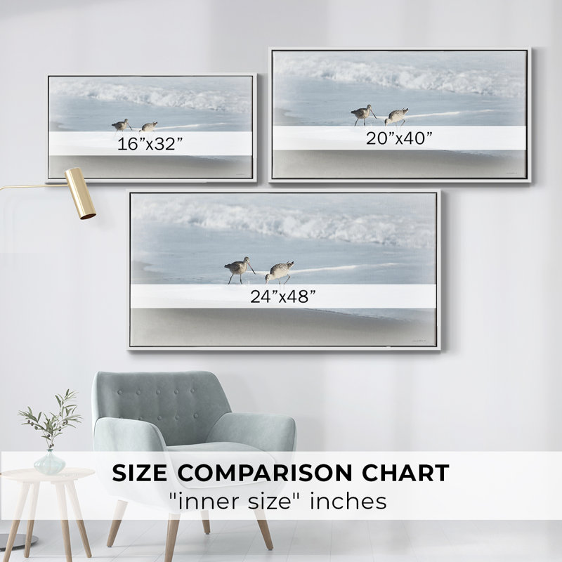 Sandpipers I - Toile tendue avec châssis tendue, prête à être accrochée, H 21 po x l 41 po, Blanc