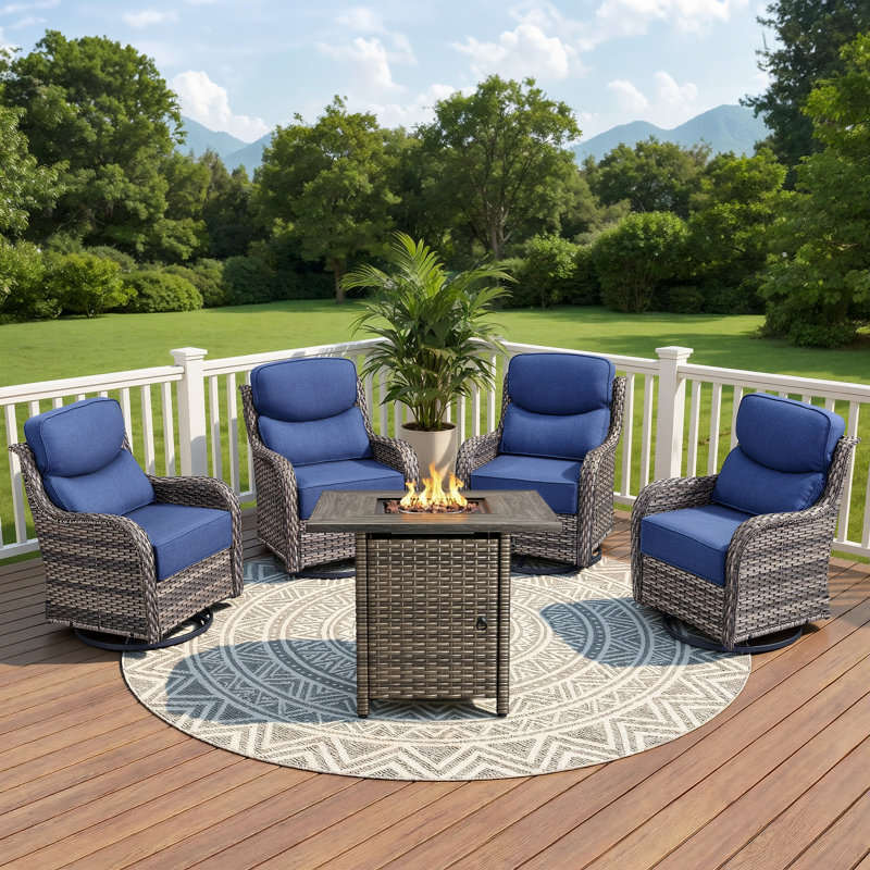 4 - Person Patio Furniture Chair Set With Fire Pit Table, 4 Swivel Glider Chairs With 6-Inch Cushions, Gray, Blue