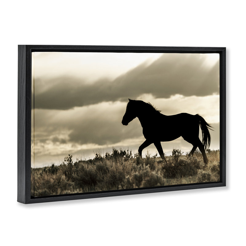 Silhouette d'un cheval en liberté, Cadre flottant noir de jais, H 17 po x l 25 po