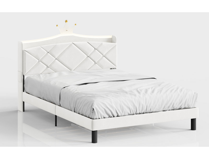 Velvet Princess Bed with Storage Headboard, LED Lights & Charging Station, Upholstered Bed Frame with Crystal Button & Crown, No Mattress Included