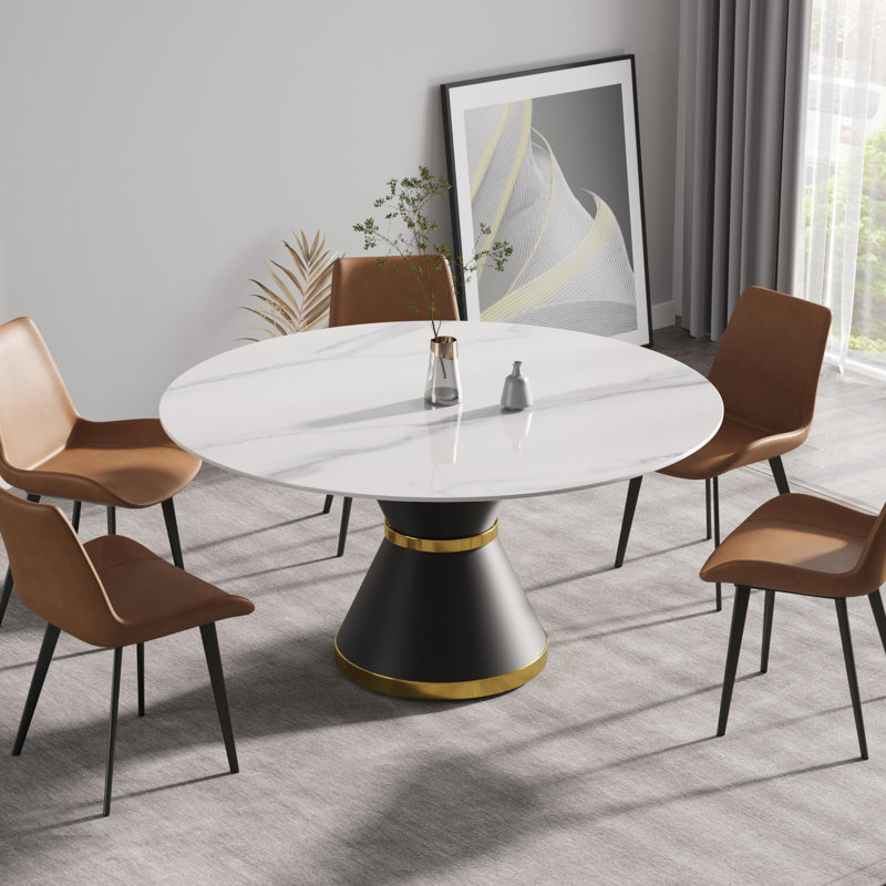Table de salle à manger 59,7 po ronde - Plateau en pierre frittée durable et base en acier au carbone noir pour 6 chauffages