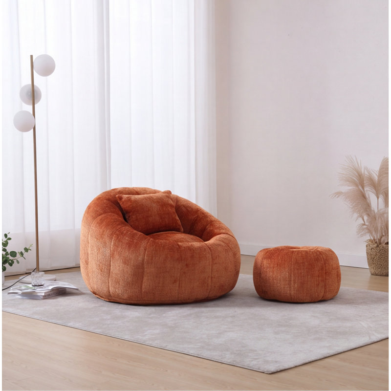Fauteuil à billes en chenille orange avec repose-pieds - Canapé-lit rond confortable avec coussin, sans assemblage