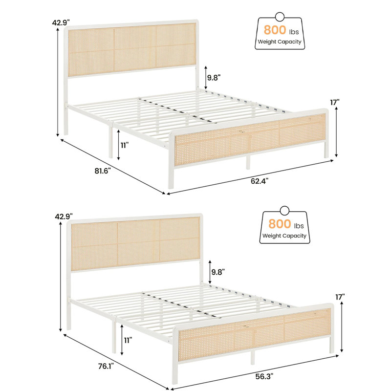 Structure de lit en rotin avec tête de lit en rotin, Grand lit
