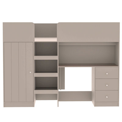 Lit mezzanine double en bois avec garde-robe intégrée, bureau, tablettes de rangement et tiroirs
