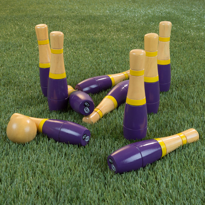 Jeu de quilles en bois - Jeu de quilles pour adultes et enfants avec 10 quilles, 2 balles, sac de transport - Jeux d'intérieur et d'extérieur - Jeux de quilles (mauve)