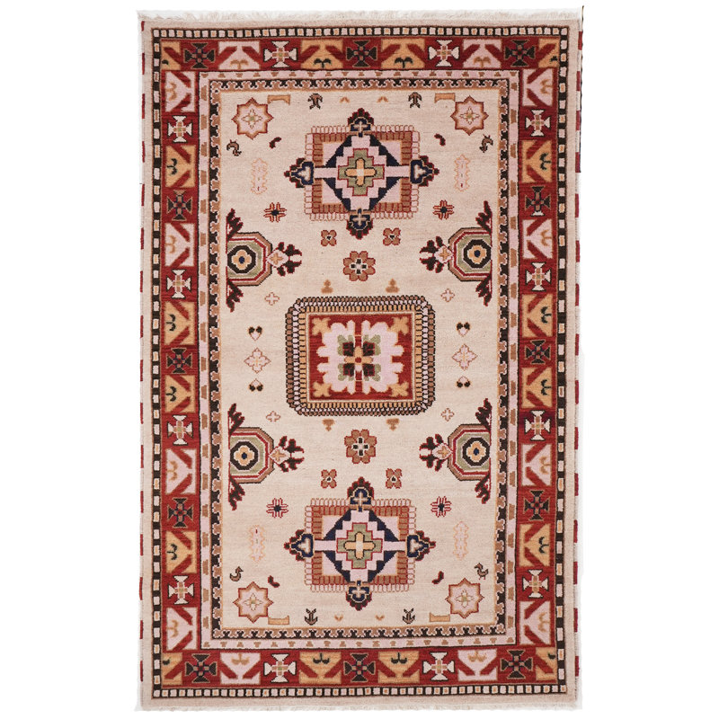 Tapis d'intérieur rectangulaire oriental en soie et laine crème et rouge, noué à la main, fait main
